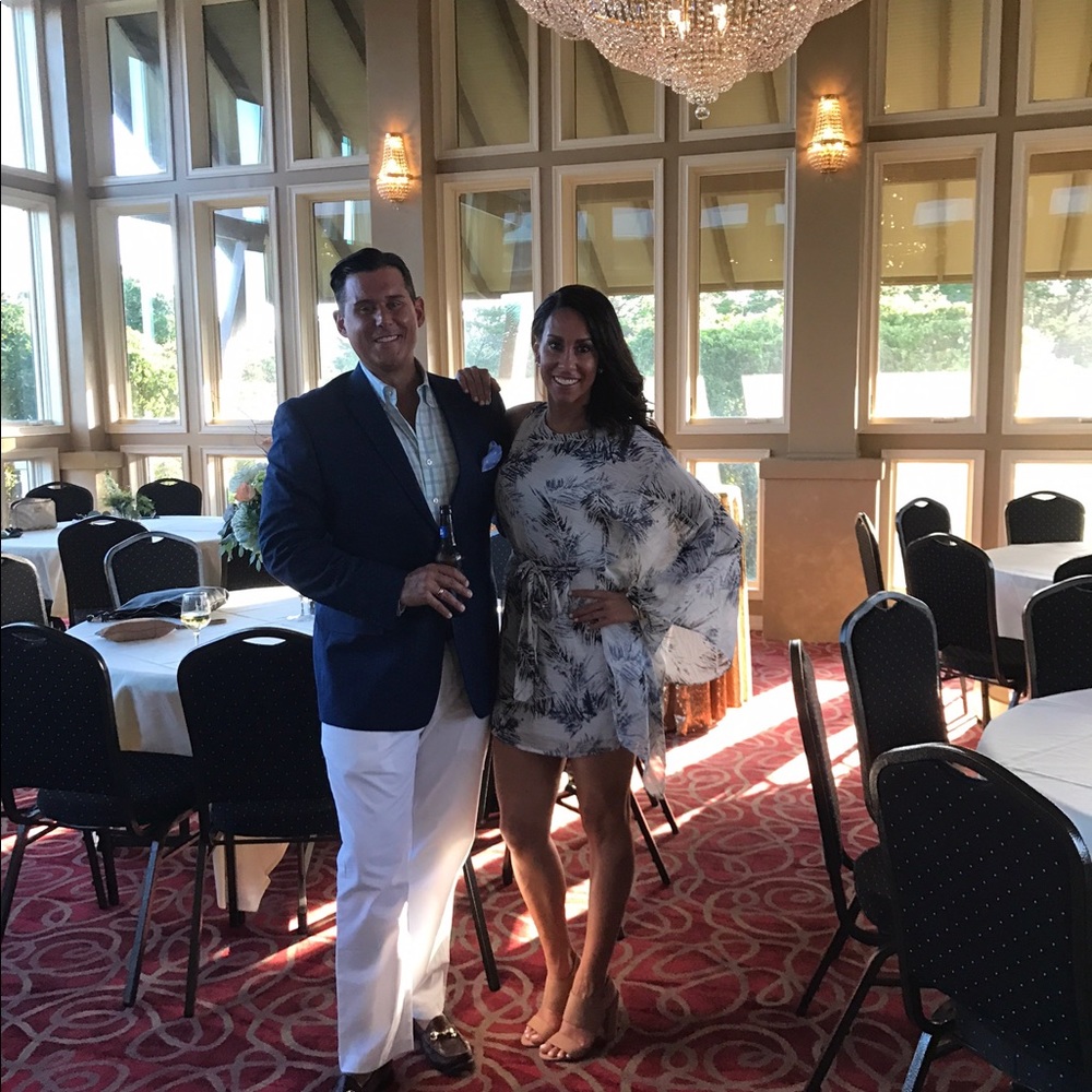 One shoulder white and navy cocktail dress